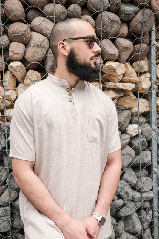 Ensemble en lin pour homme Beige – Haut fluide + pantalon large
