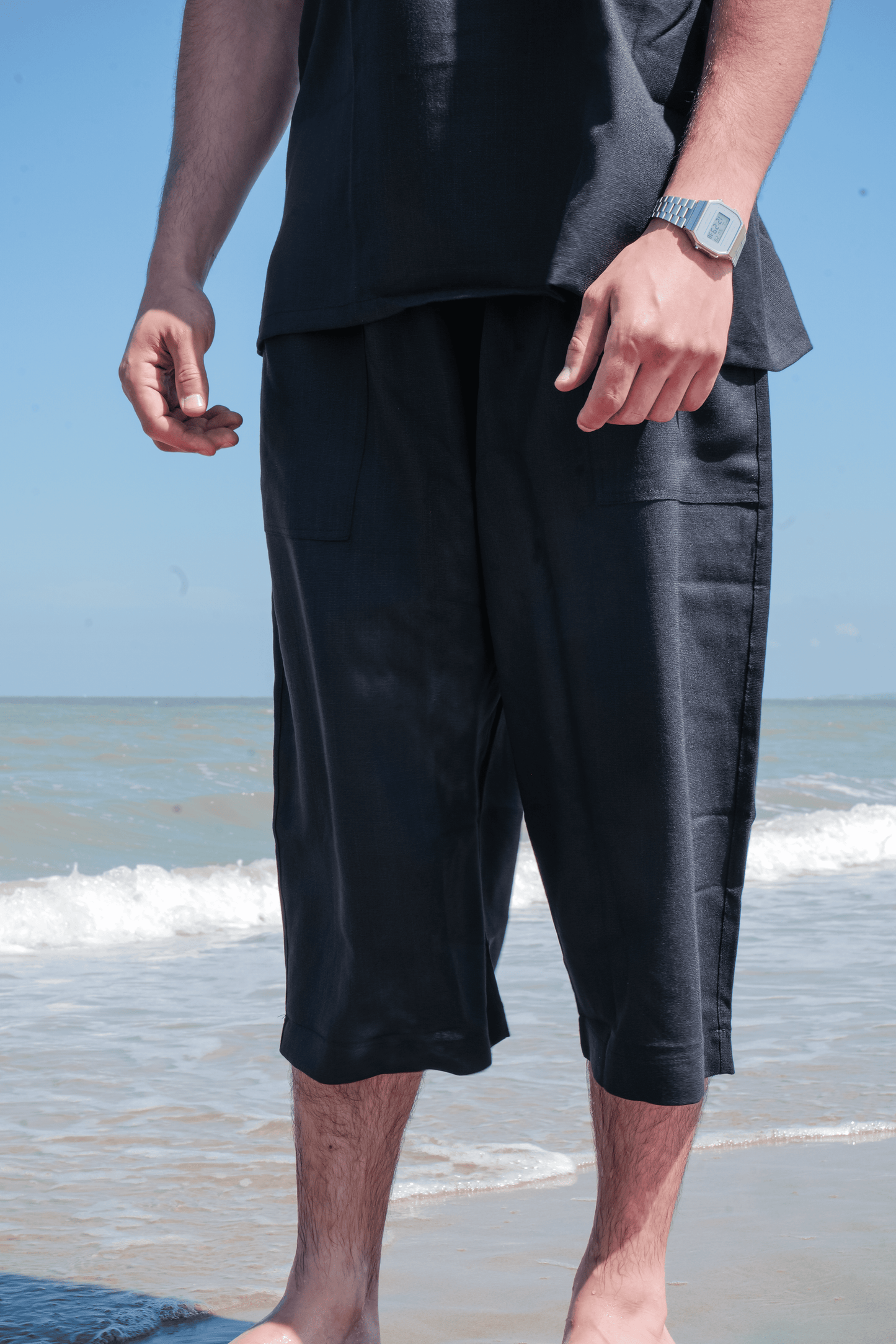 Ensemble en lin pour homme Noir – Haut fluide + pantalon large