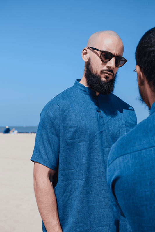 Ensemble en lin pour homme Bleu – Haut fluide + pantalon large