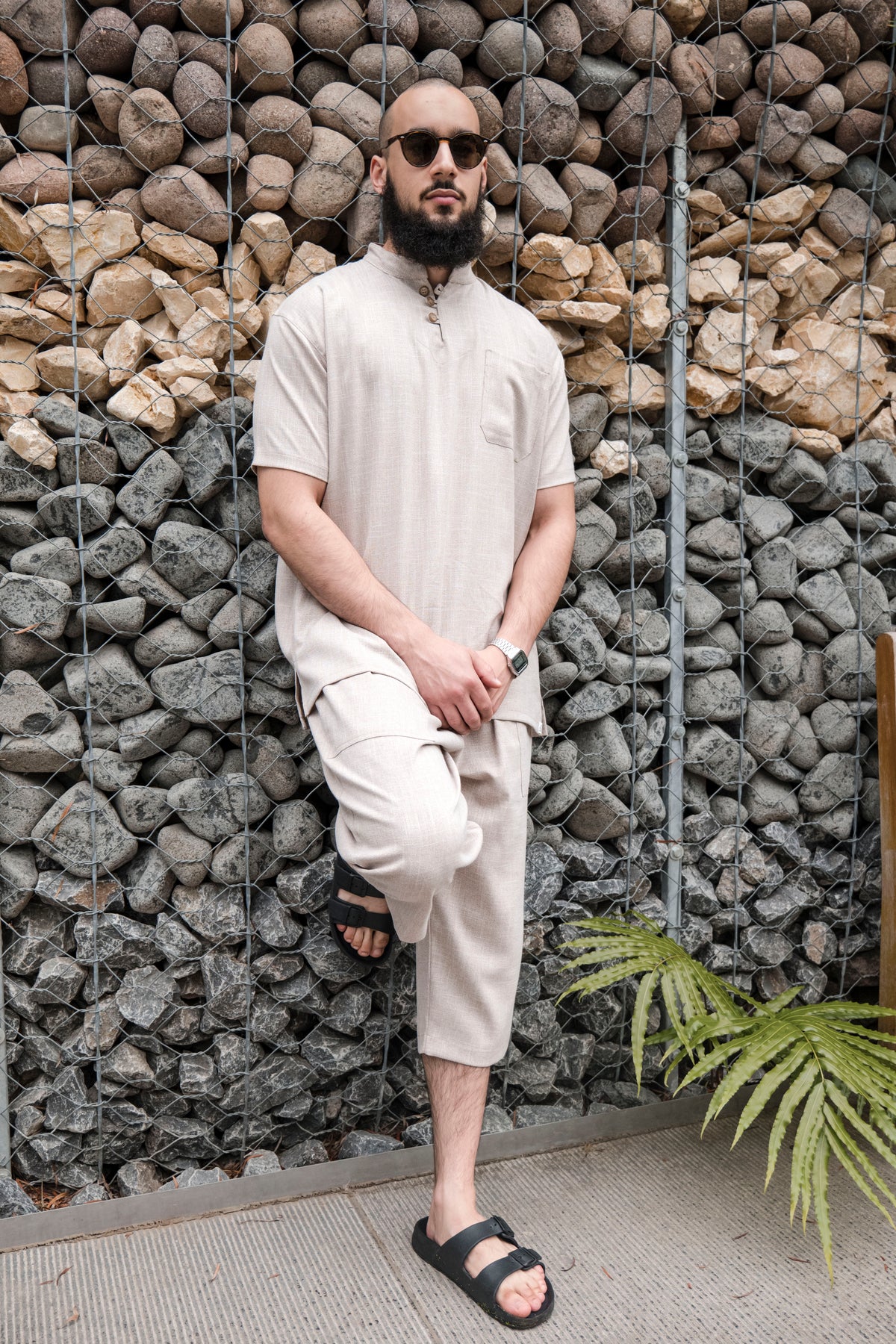 Ensemble en lin pour homme Beige – Haut fluide + pantalon large