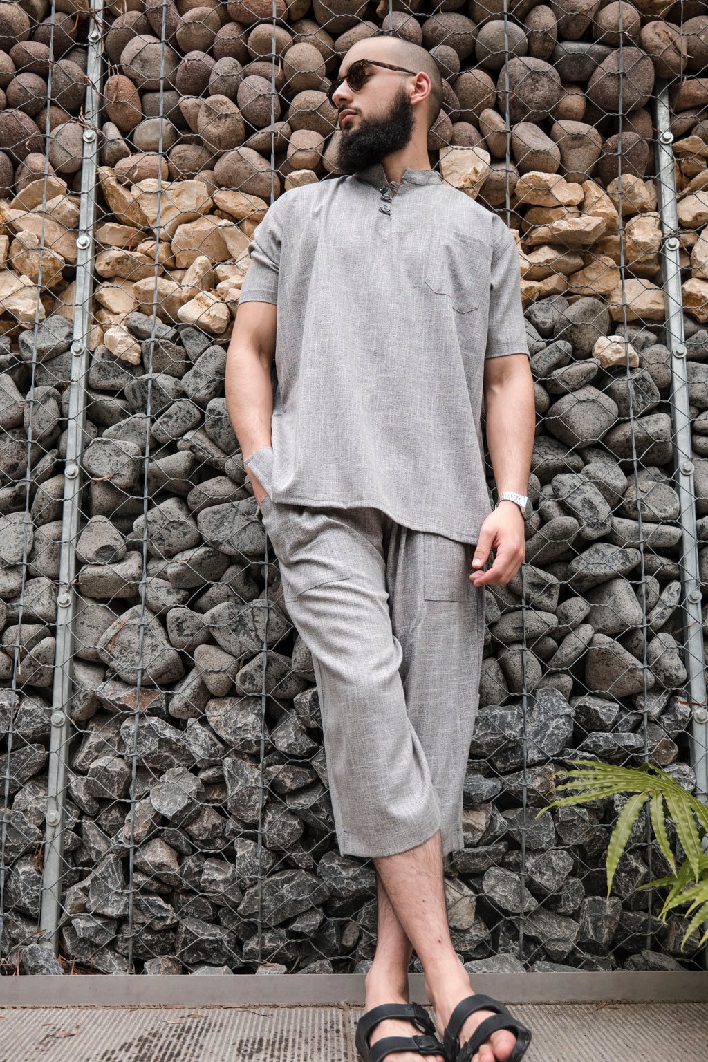 Ensemble en lin pour homme Gris – Haut fluide + pantalon large
