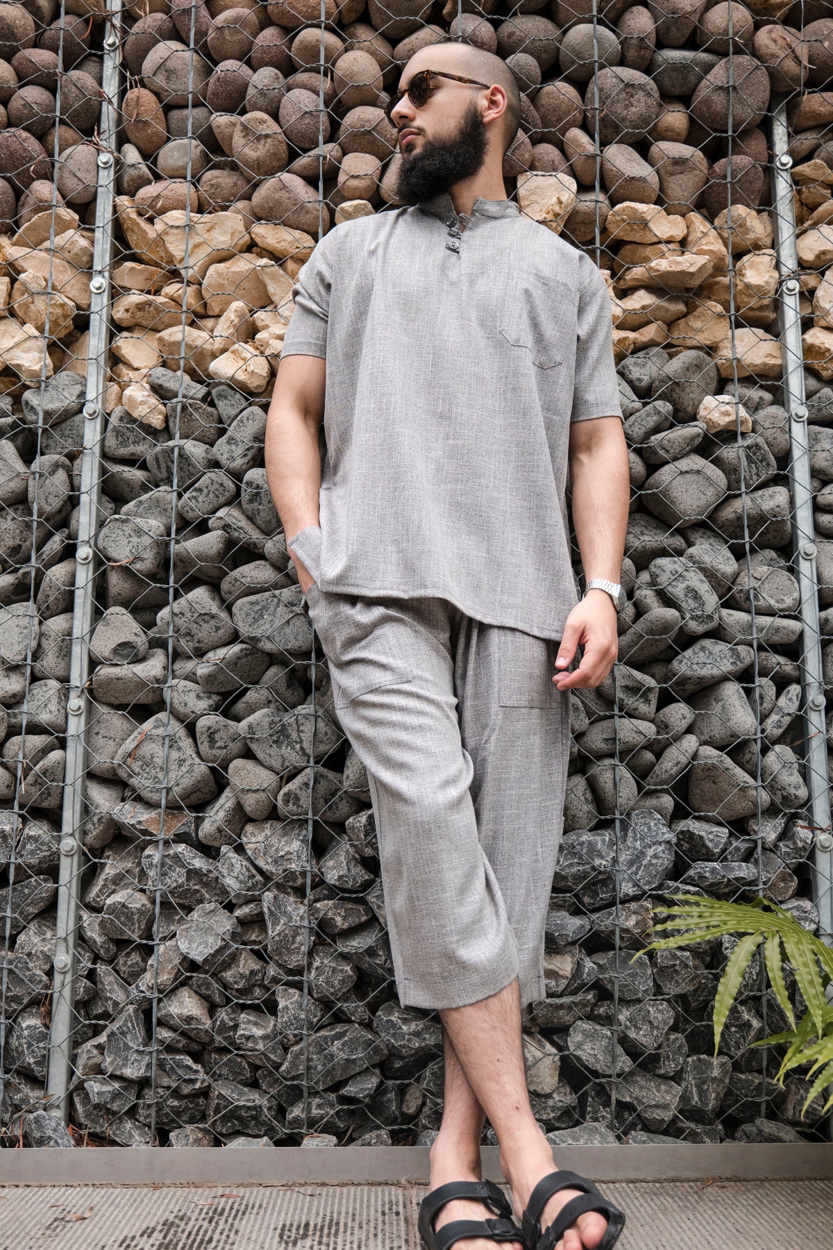 Ensemble en lin pour homme Gris – Haut fluide + pantalon large