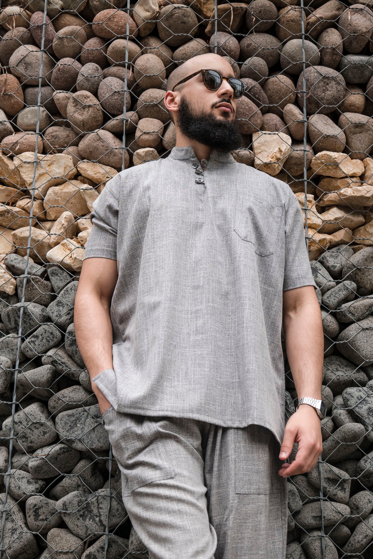 Ensemble en lin pour homme Gris – Haut fluide + pantalon large