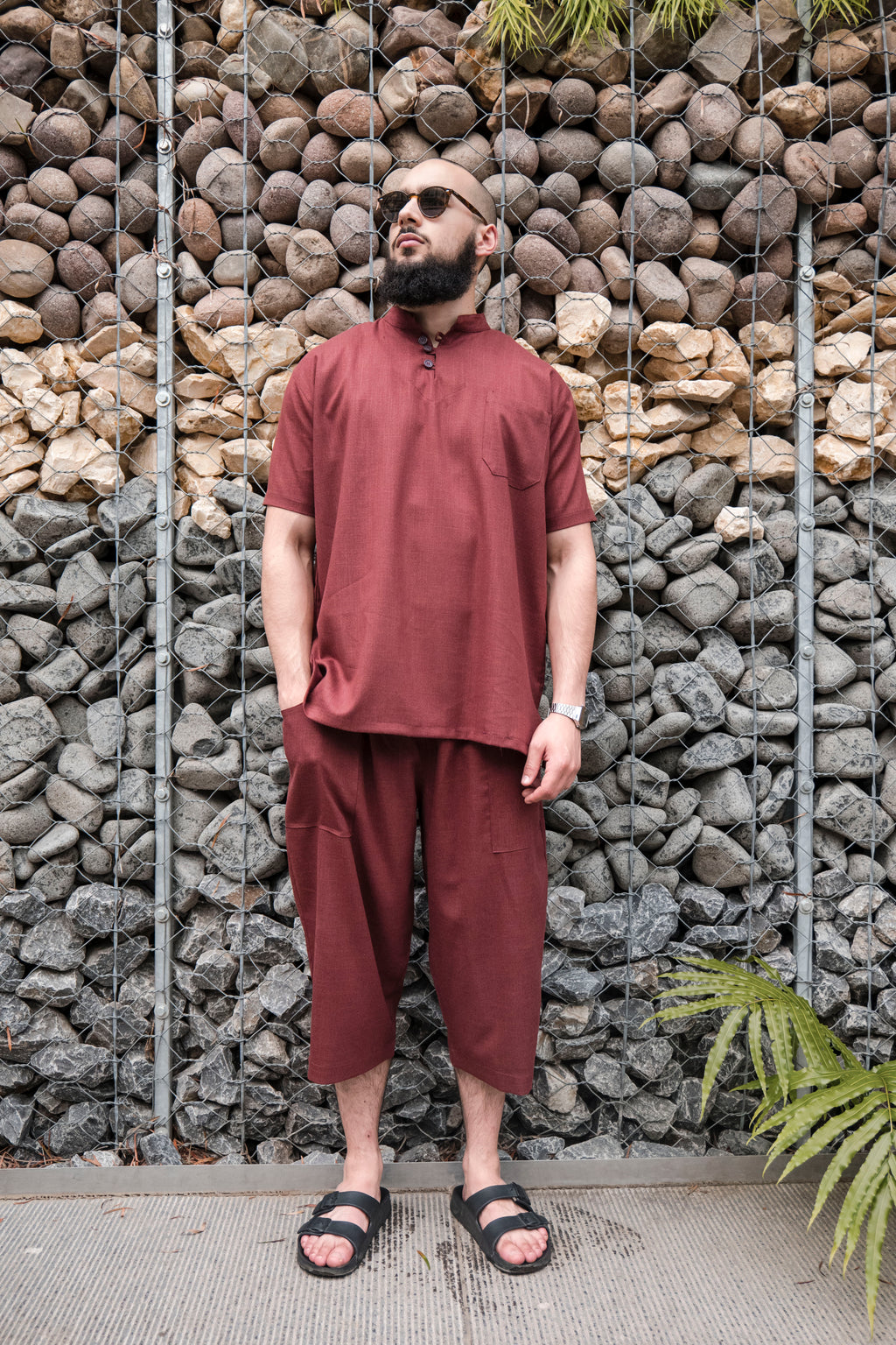 Ensemble en lin pour homme Bordeau – Haut fluide + pantalon large