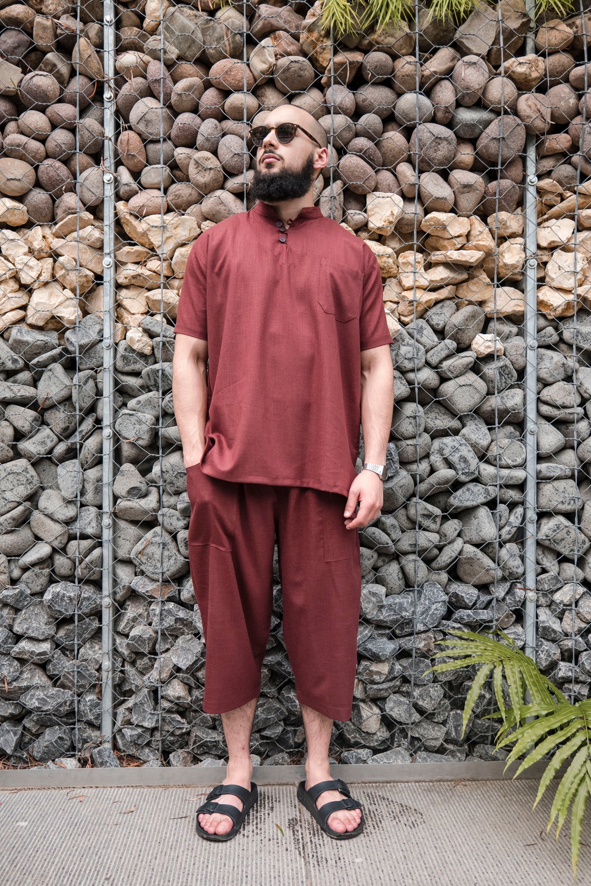 Ensemble en lin pour homme Bordeau – Haut fluide + pantalon large
