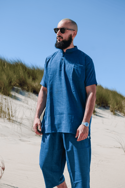 Ensemble en lin pour homme Bleu – Haut fluide + pantalon large