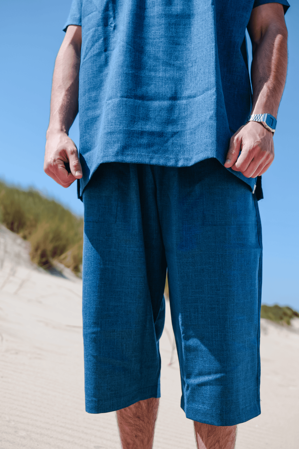 Ensemble en lin pour homme Bleu – Haut fluide + pantalon large