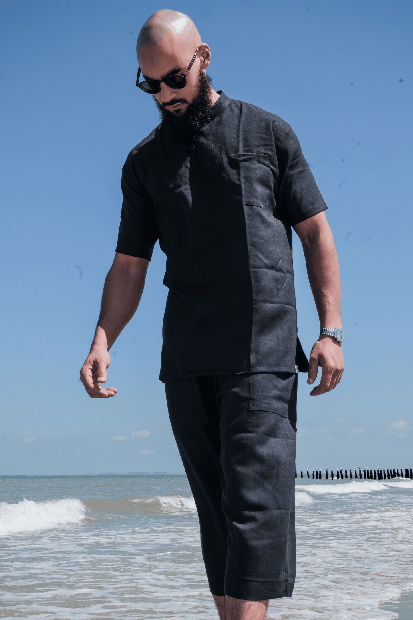 Ensemble en lin pour homme Noir – Haut fluide + pantalon large